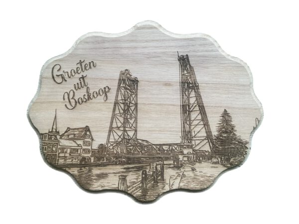 Houten bordje met de Hefbrug - Groeten uit Boskoop