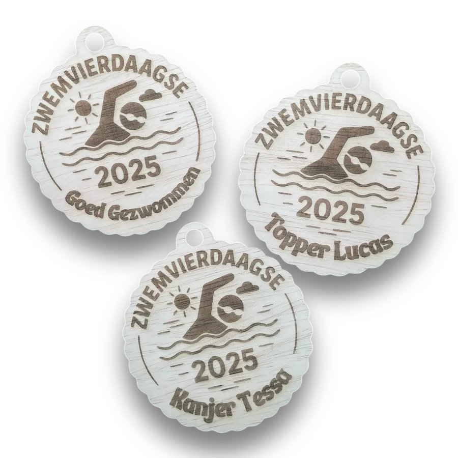 Gepersonaliseerde houten medaille bv zwemvierdaagse/Nijmeegse vierdaagse, Wandeltocht 2025,......